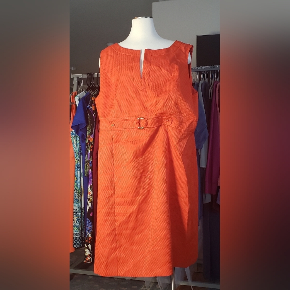 Tahari ASL Checked Jacquard Dress, Mandarin Orange with Gold Accents ( 22W )
